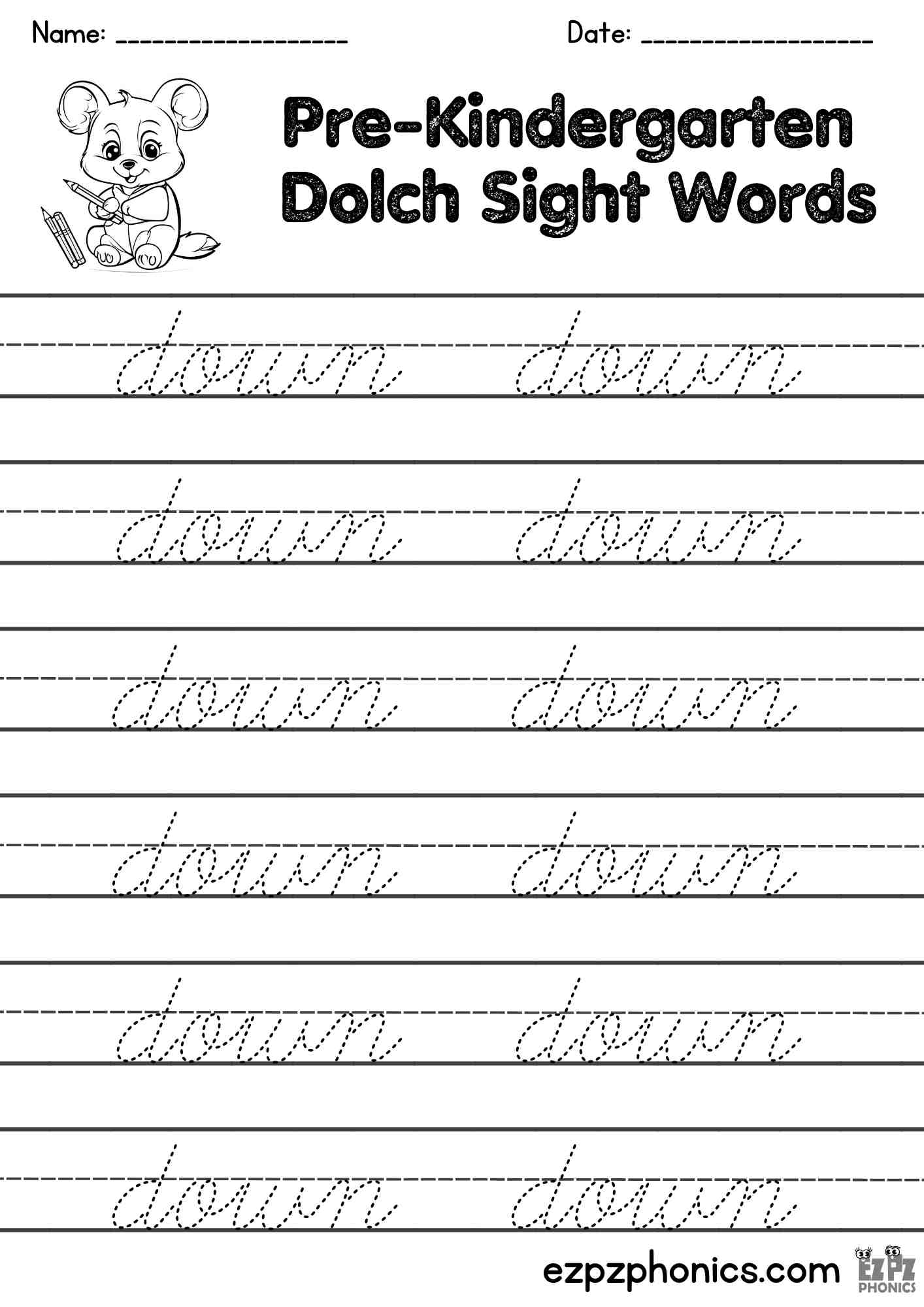 The Word Down Cursive Writing Practice – Pre-K Dolch Sight Words Free PDF Download